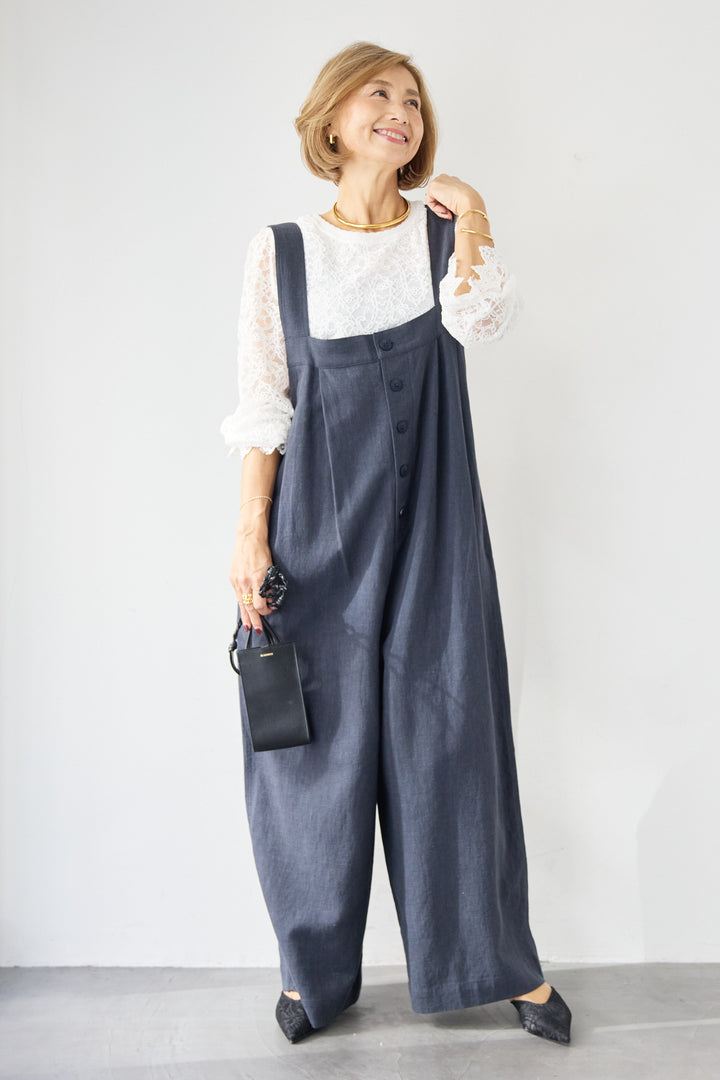 リネン混フロントボタンサロペット