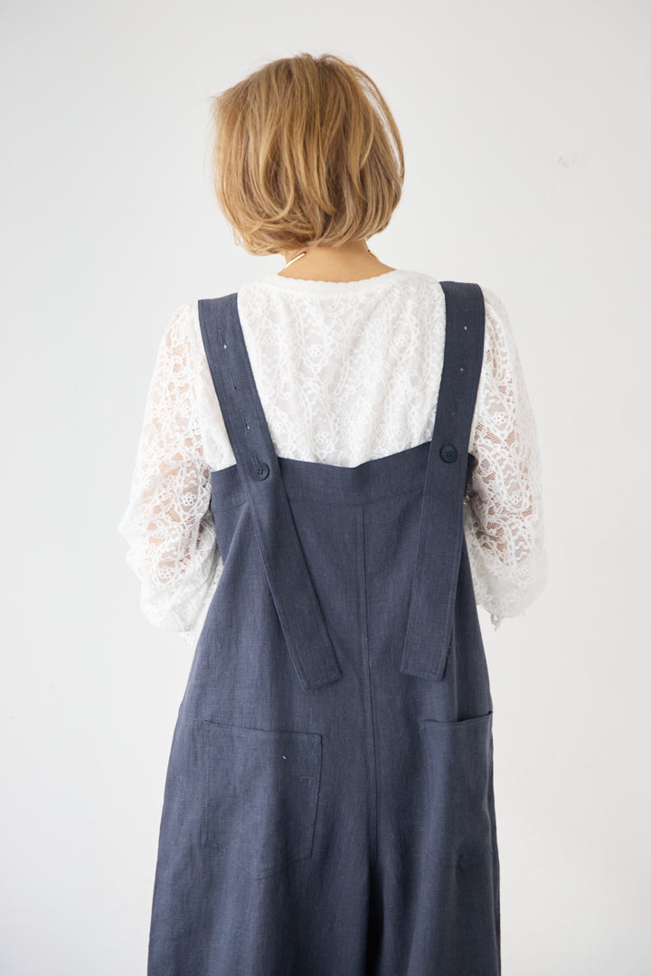 リネン混フロントボタンサロペット