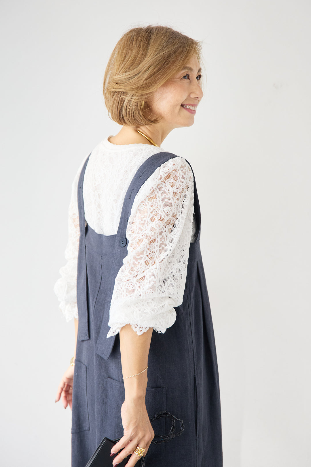 リネン混フロントボタンサロペット