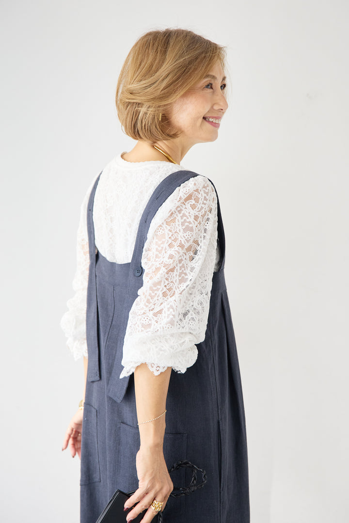 リネン混フロントボタンサロペット