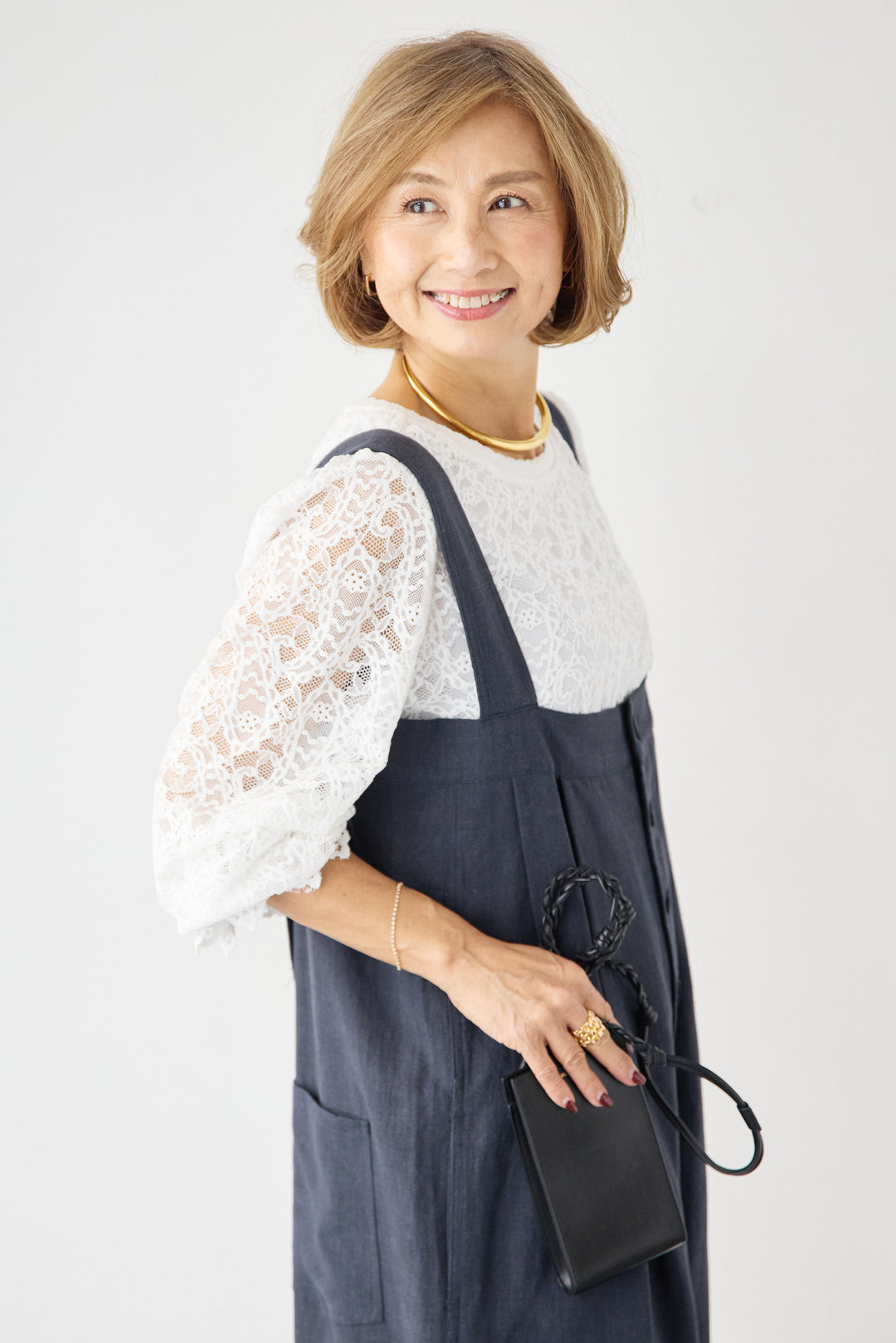 リネン混フロントボタンサロペット