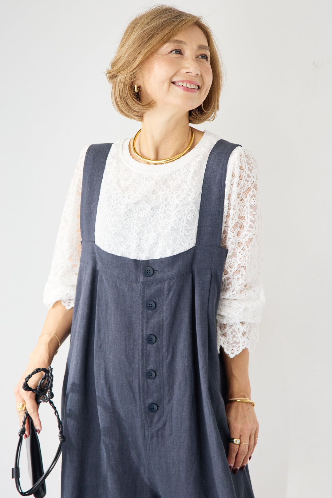 リネン混フロントボタンサロペット