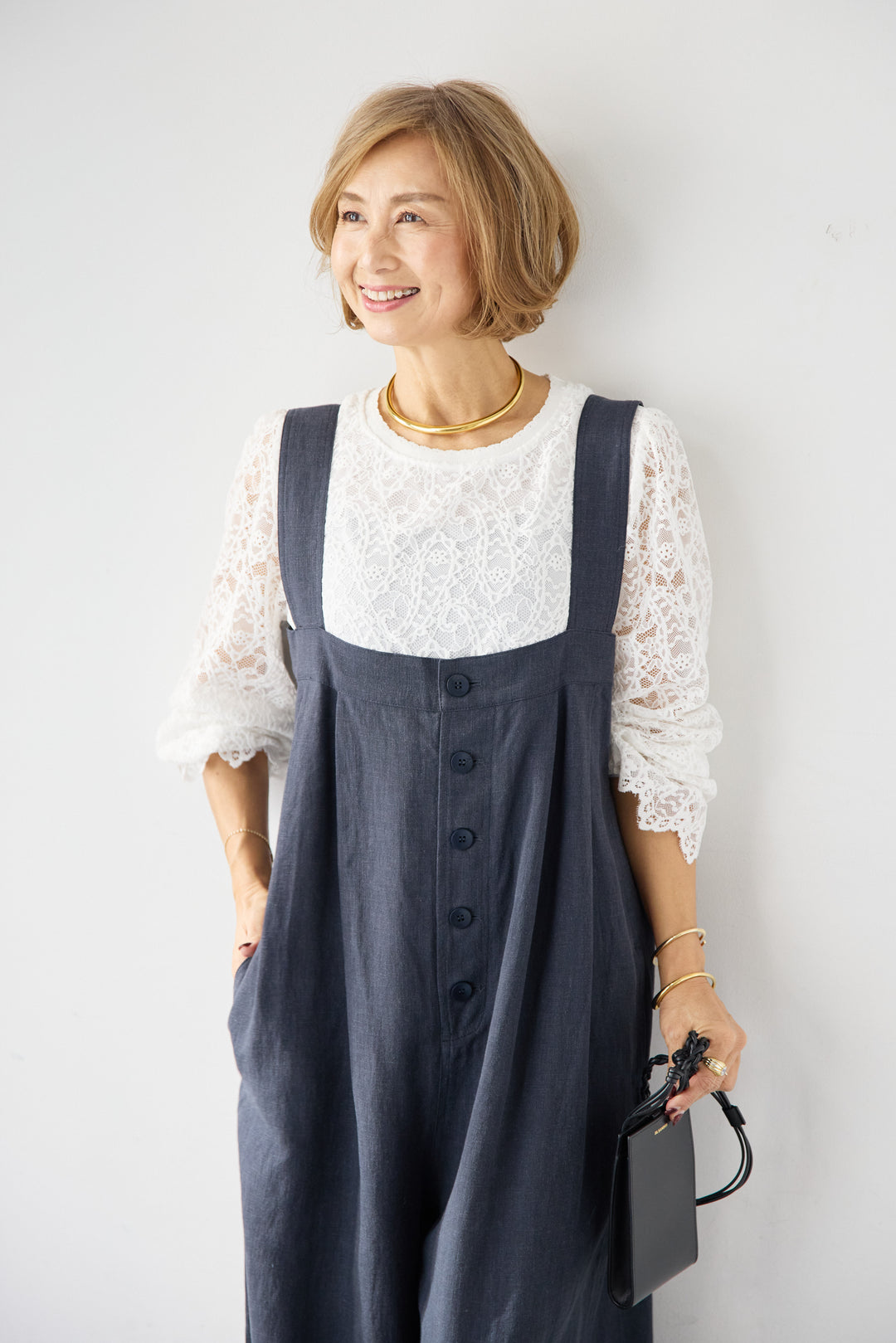 リネン混フロントボタンサロペット