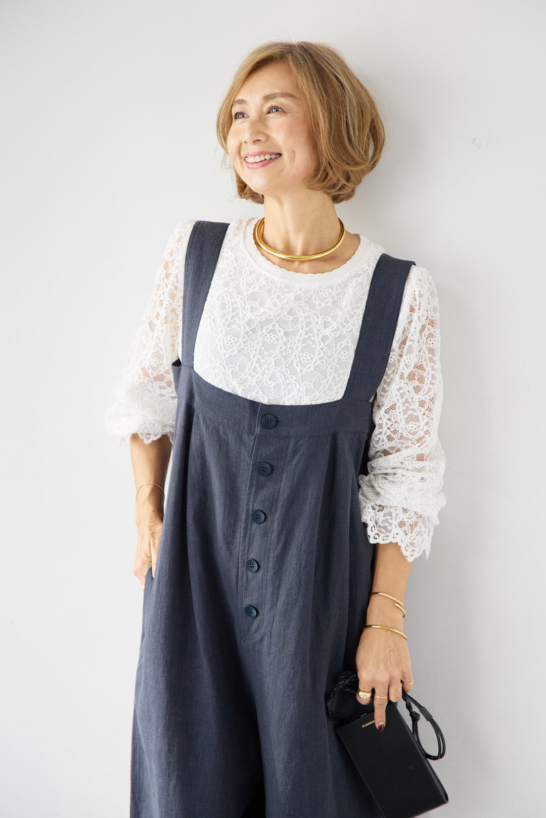 リネン混フロントボタンサロペット