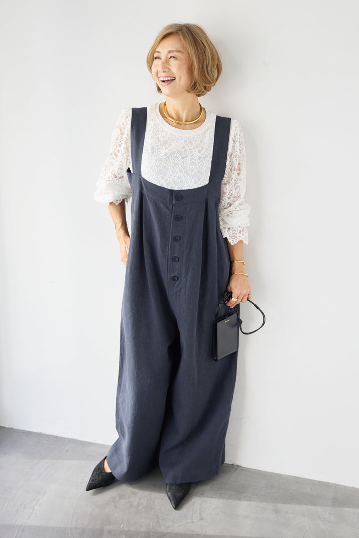 リネン混フロントボタンサロペット