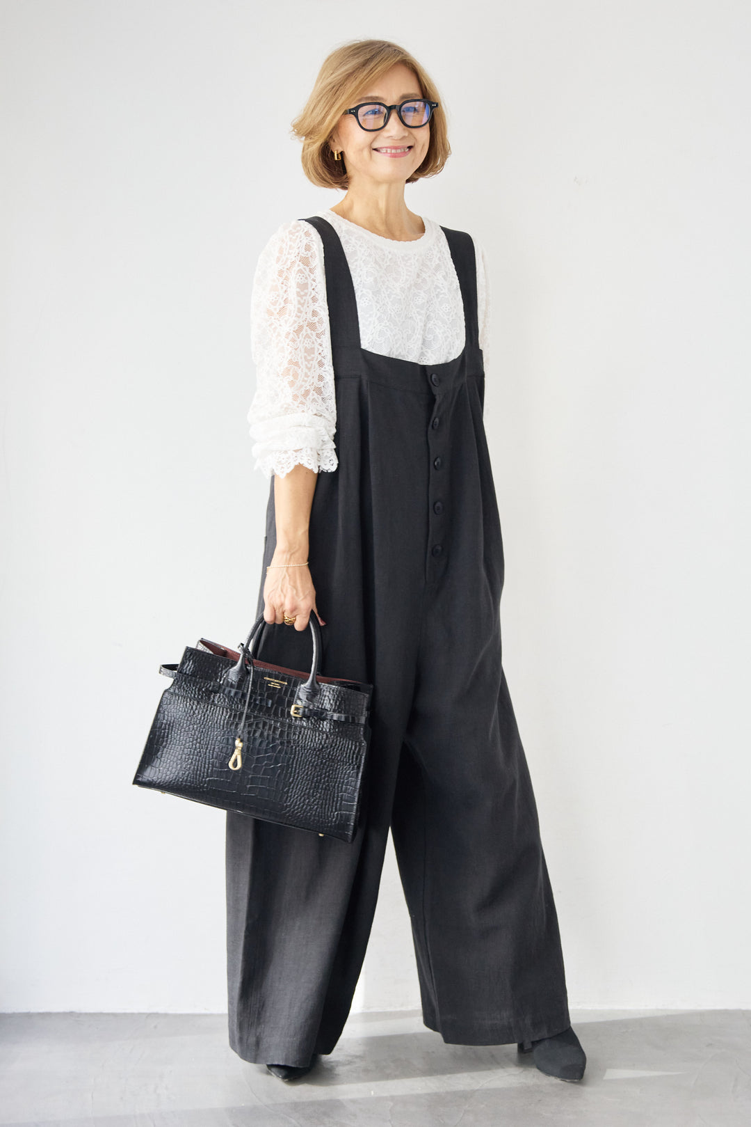 リネン混フロントボタンサロペット