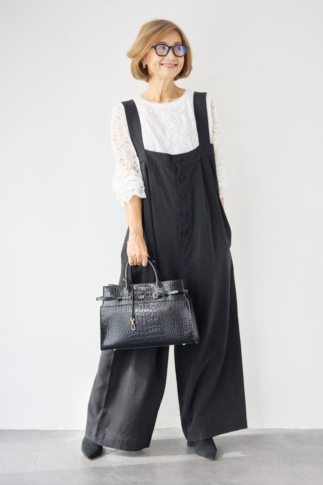 リネン混フロントボタンサロペット