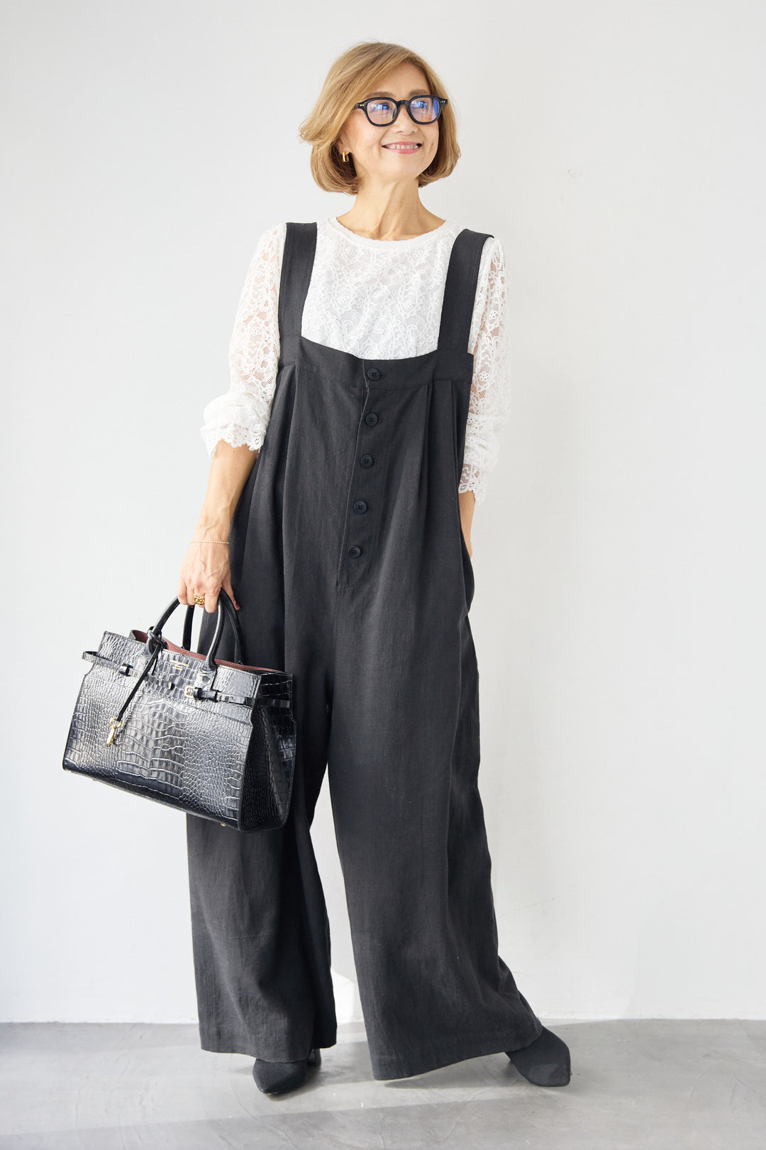 リネン混フロントボタンサロペット