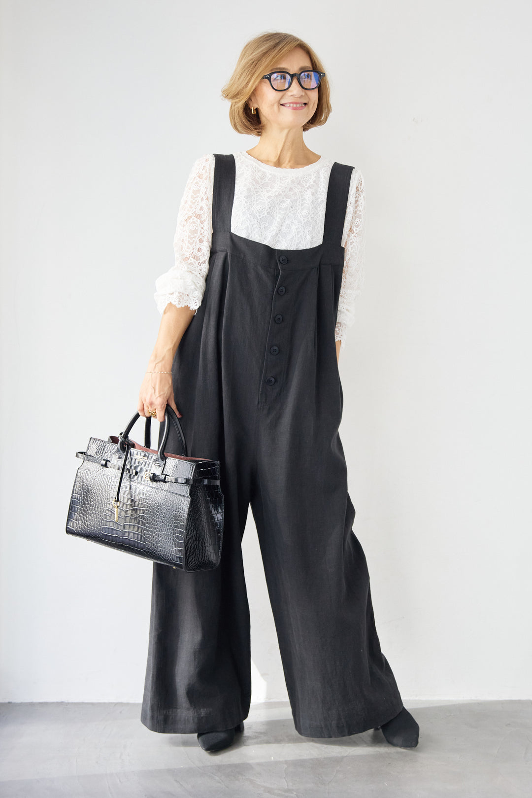 リネン混フロントボタンサロペット