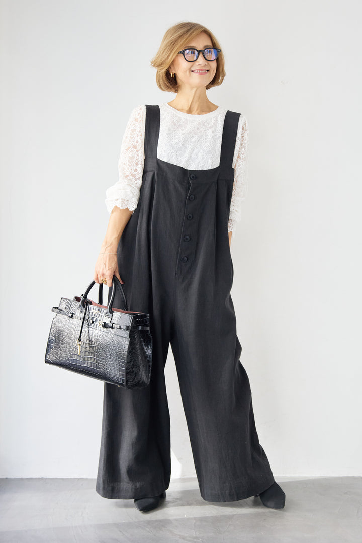 リネン混フロントボタンサロペット