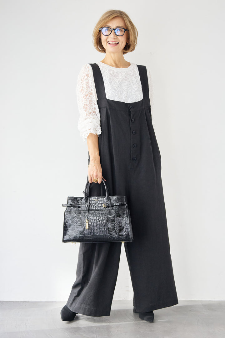 リネン混フロントボタンサロペット