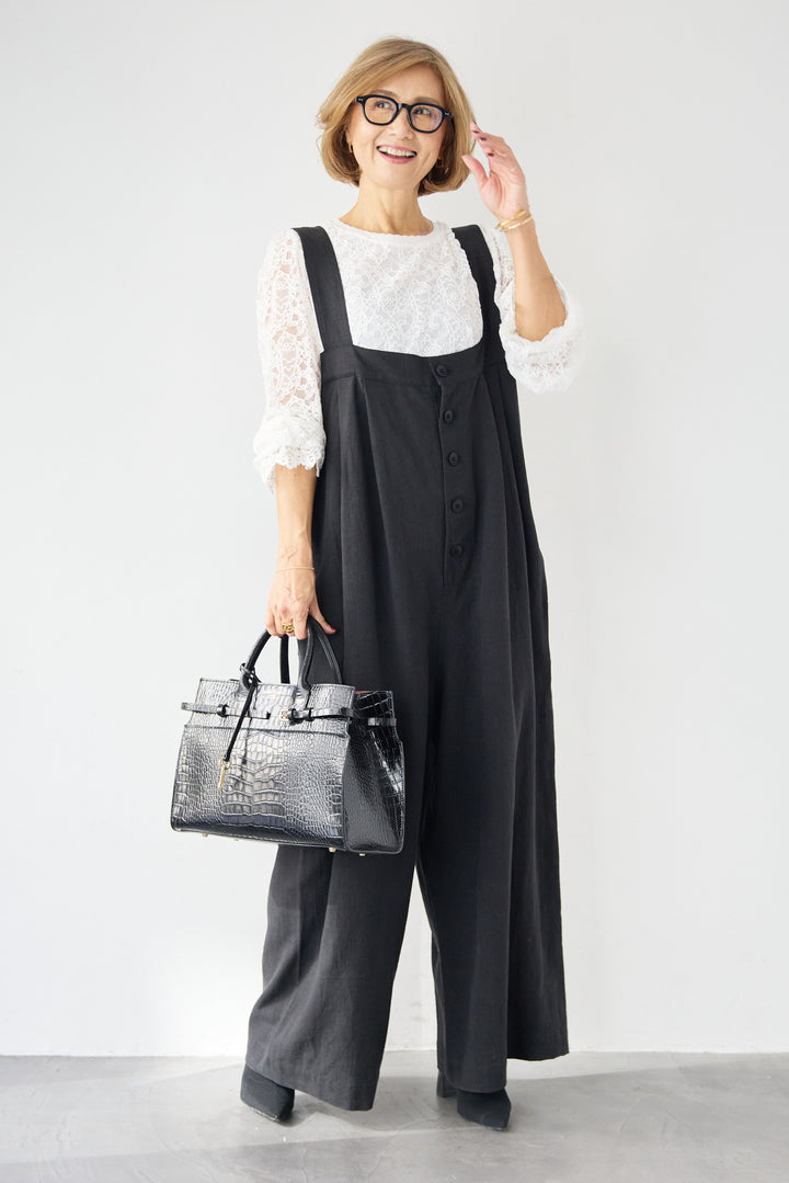 リネン混フロントボタンサロペット