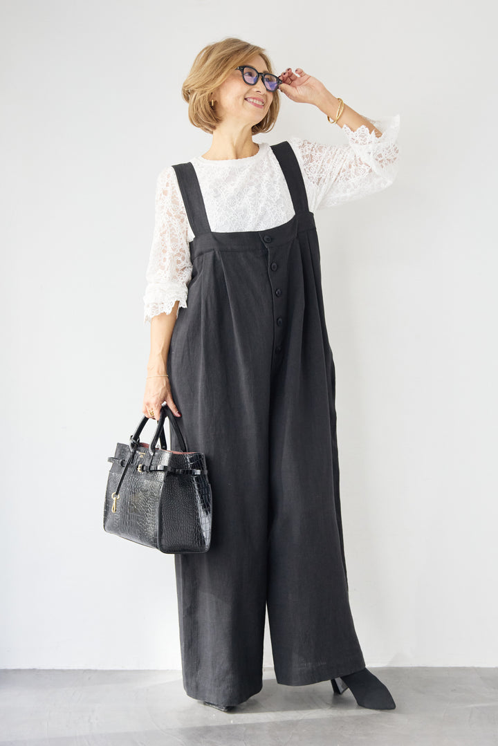 リネン混フロントボタンサロペット