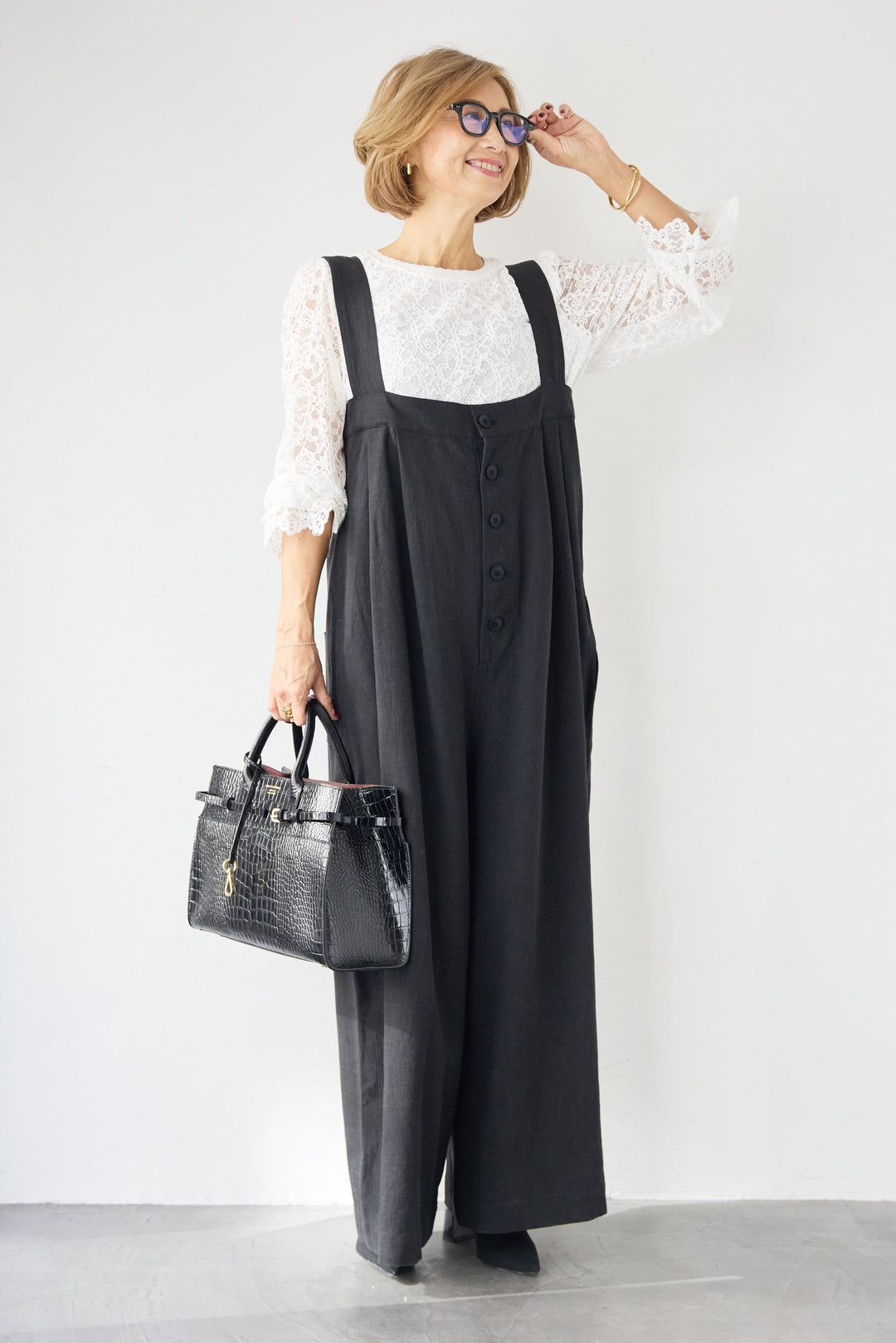 リネン混フロントボタンサロペット