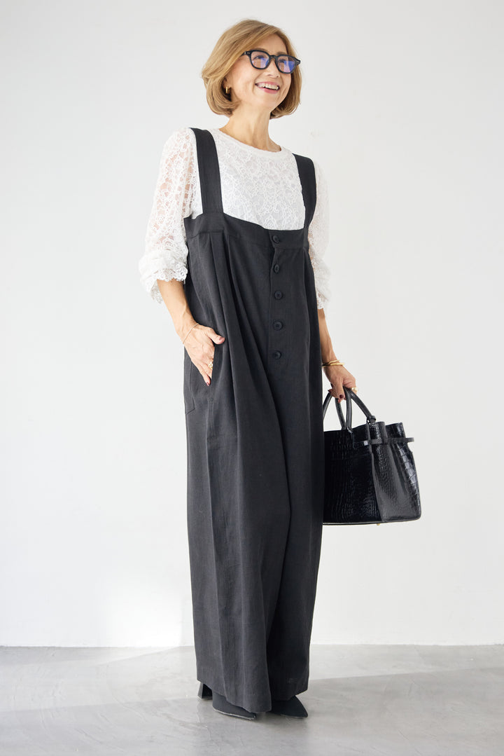 リネン混フロントボタンサロペット