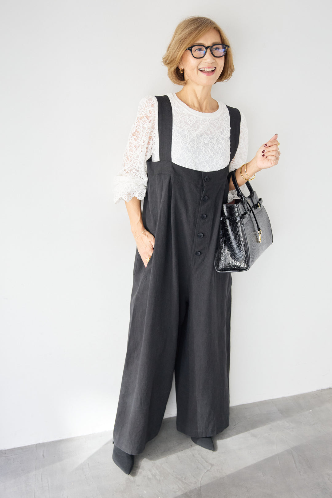 リネン混フロントボタンサロペット