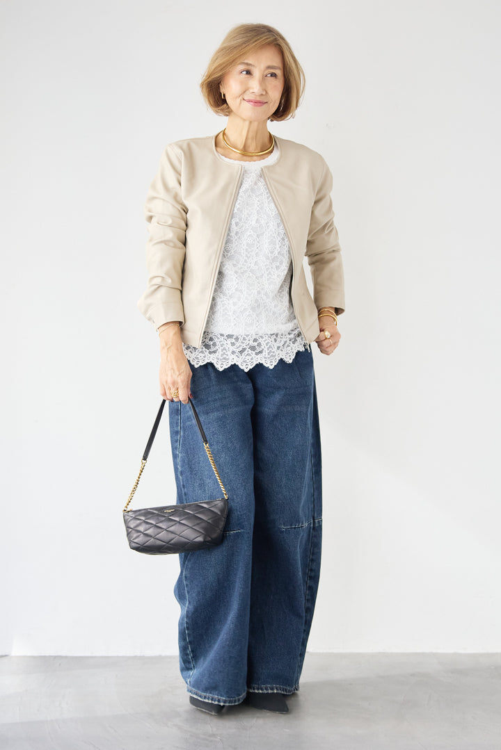 [SET]フェイクレザーノーカラージャケット+スカラップヘム レースシアーブラウス(2set)