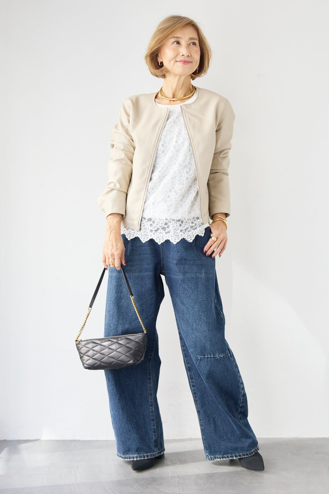 [SET]フェイクレザーノーカラージャケット+スカラップヘム レースシアーブラウス(2set)