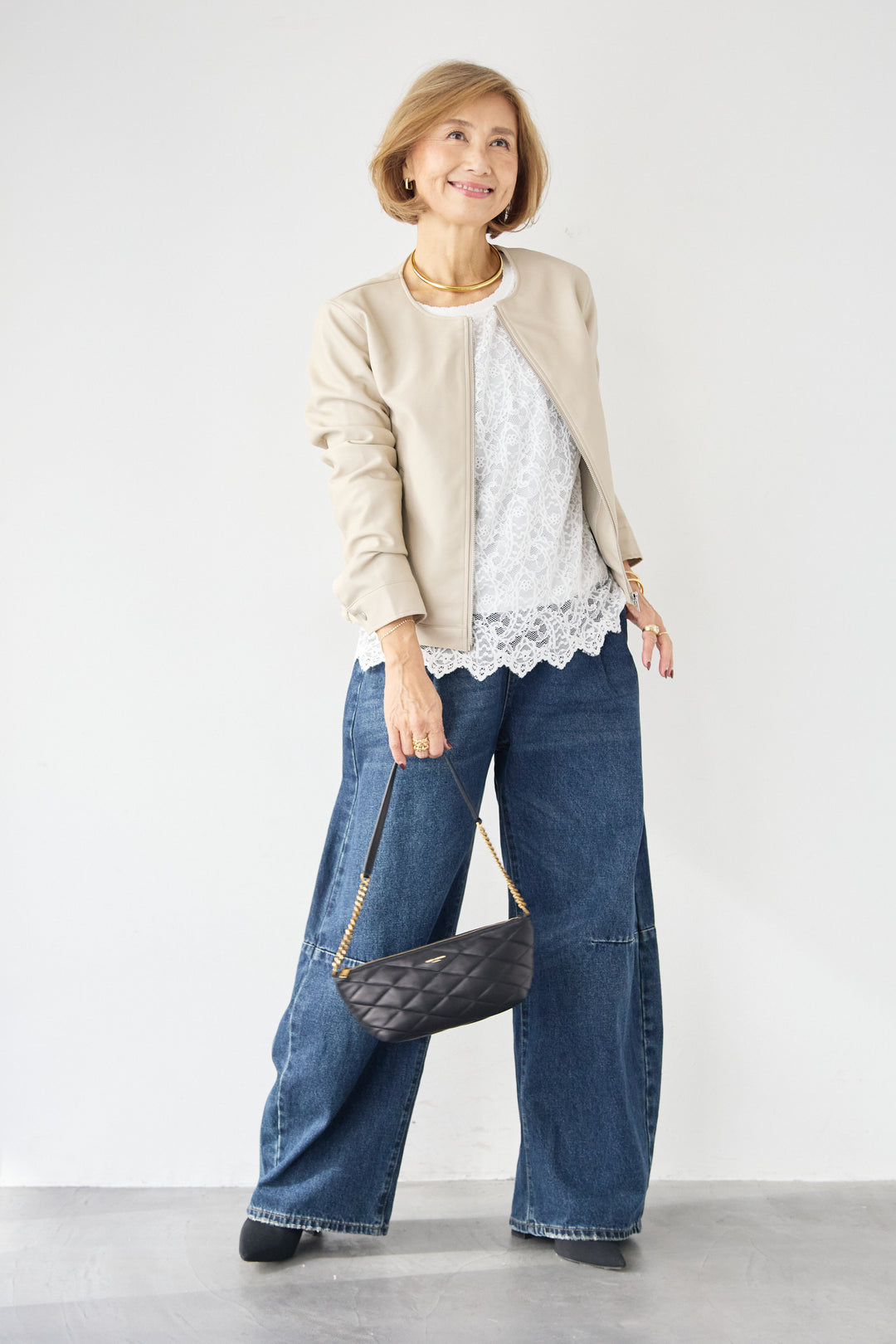 [SET]フェイクレザーノーカラージャケット+スカラップヘム レースシアーブラウス(2set)