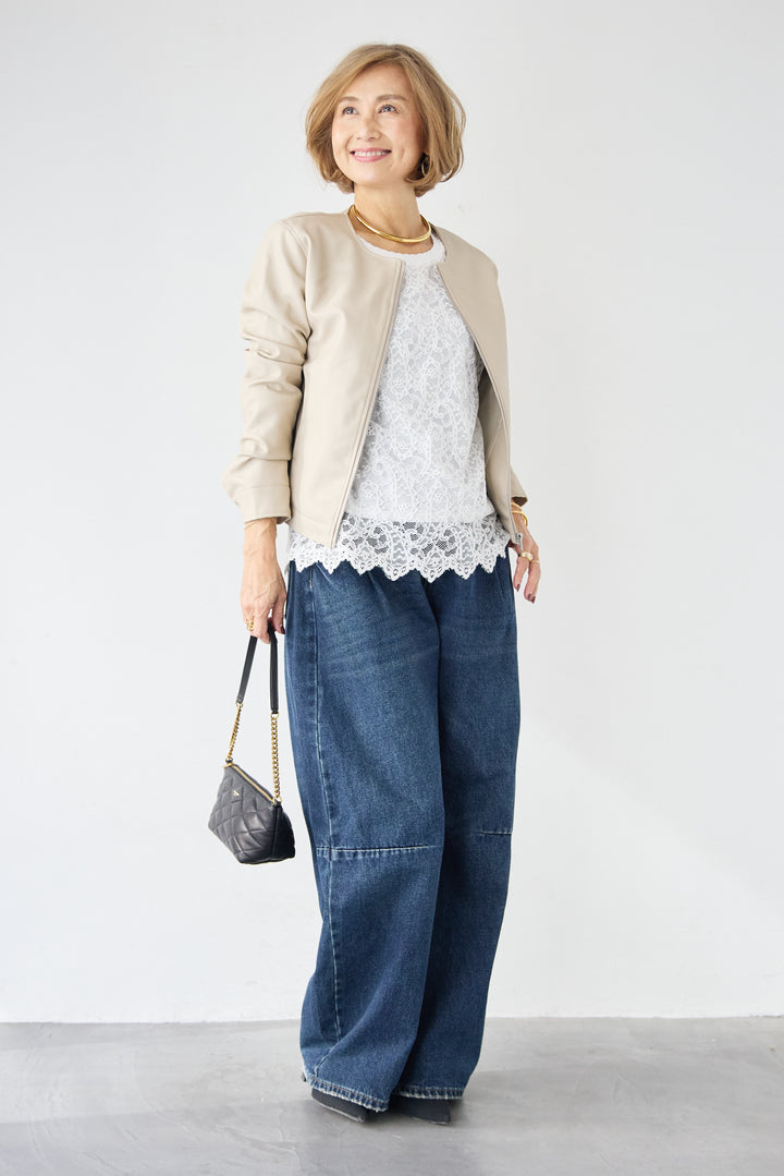 [SET]フェイクレザーノーカラージャケット+スカラップヘム レースシアーブラウス(2set)