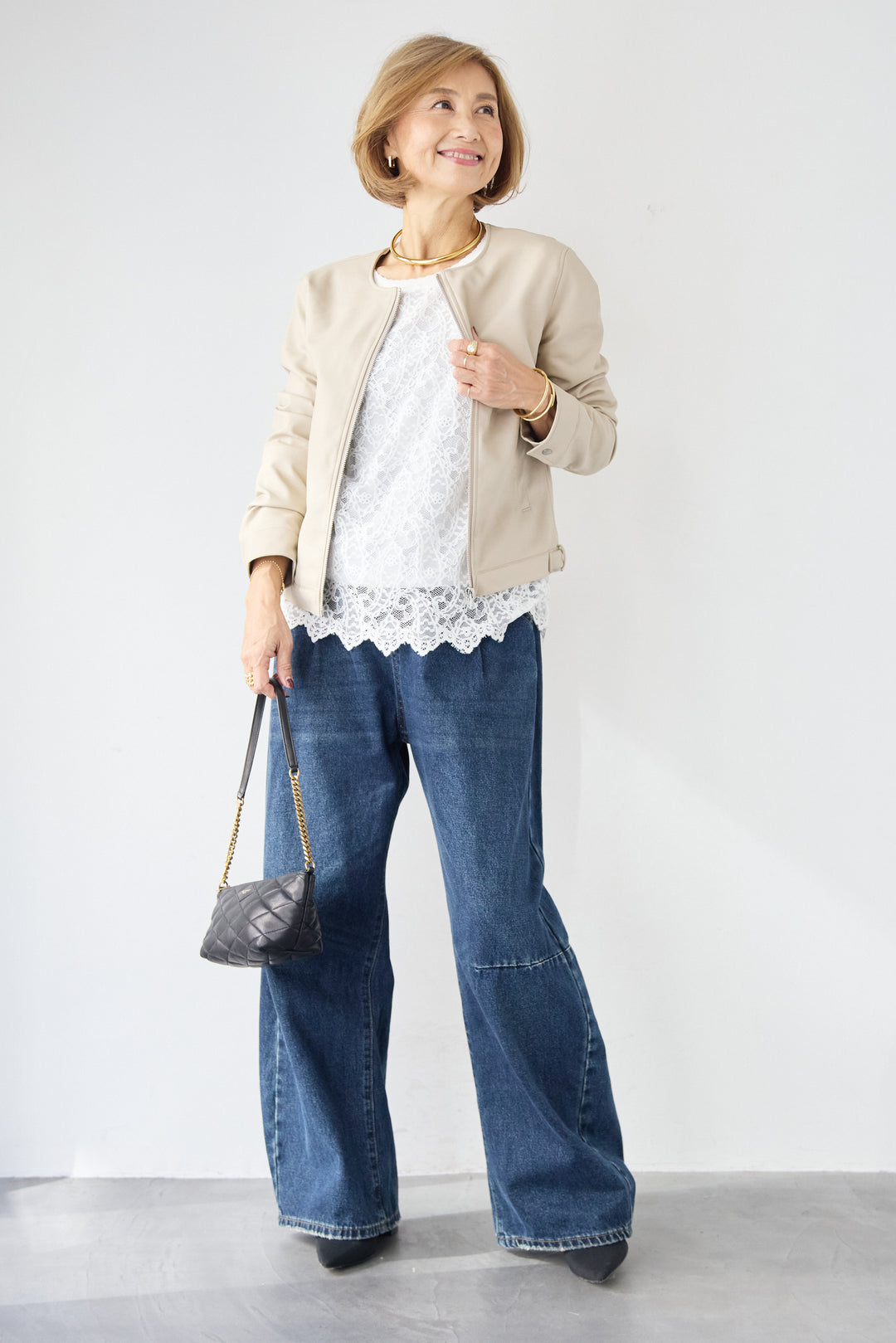 [SET]フェイクレザーノーカラージャケット+スカラップヘム レースシアーブラウス(2set)