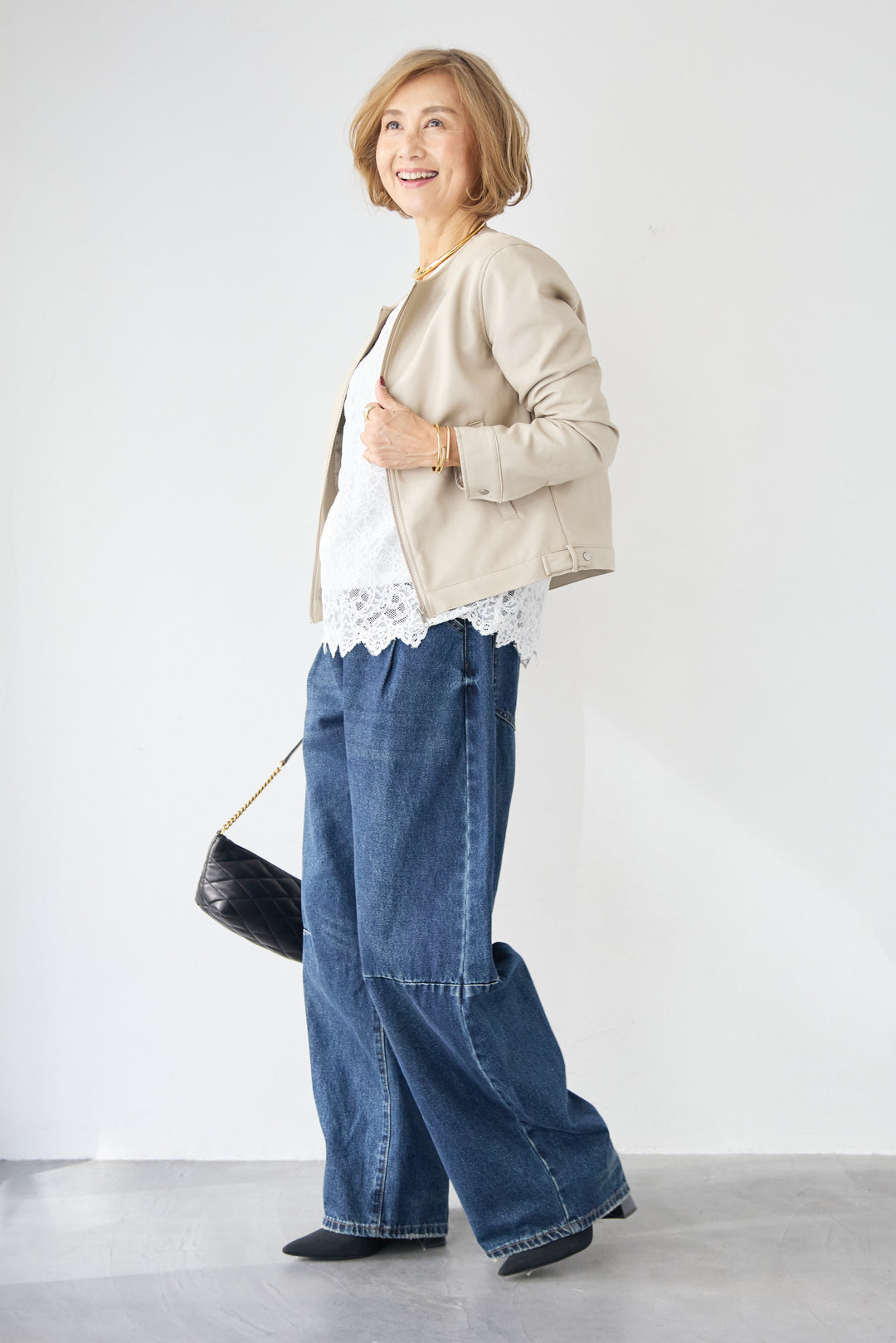 [SET]フェイクレザーノーカラージャケット+スカラップヘム レースシアーブラウス(2set)