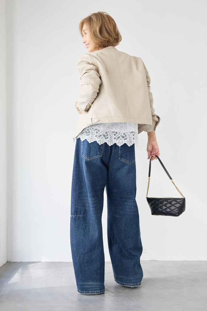 [SET]フェイクレザーノーカラージャケット+スカラップヘム レースシアーブラウス(2set)