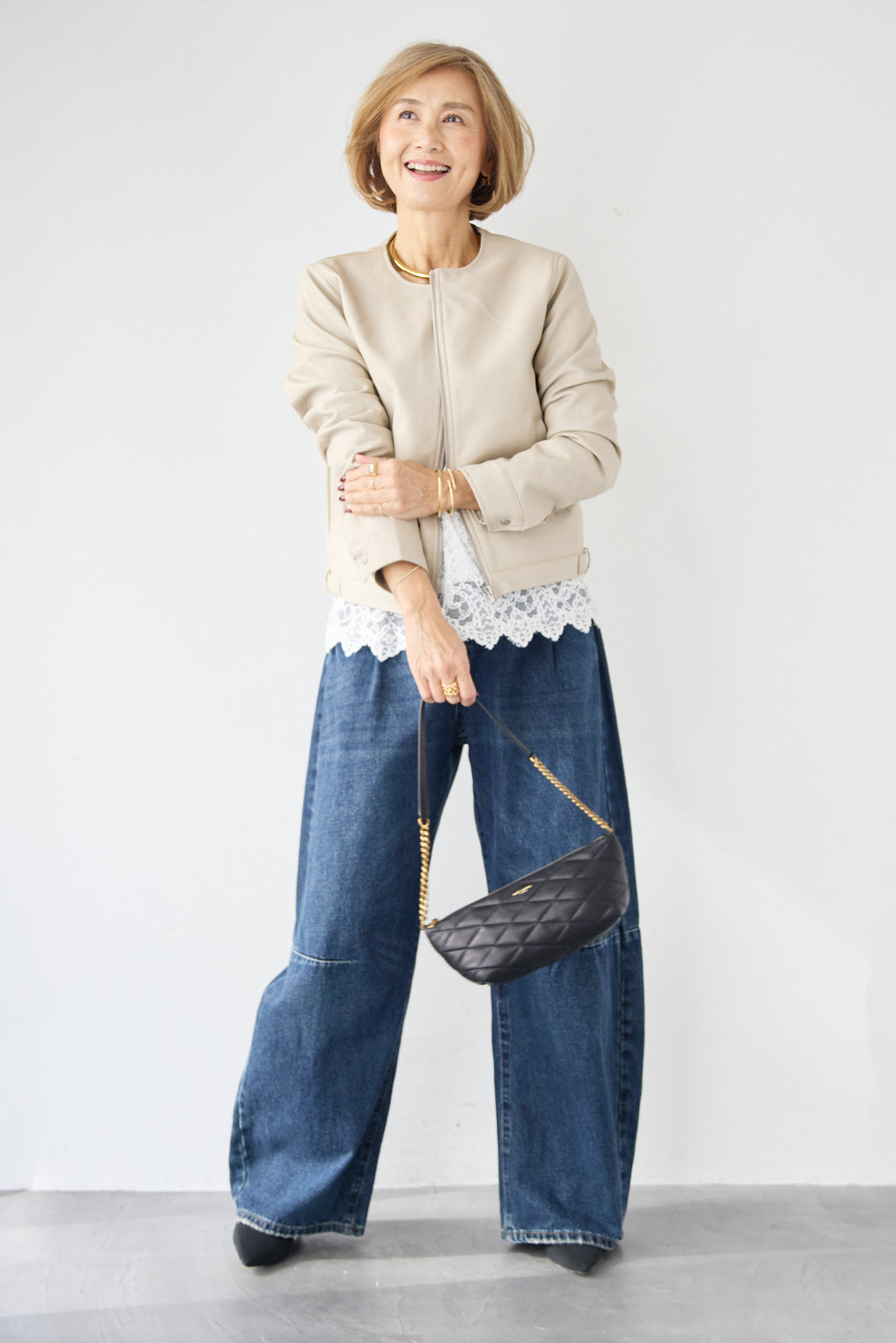 [SET]フェイクレザーノーカラージャケット+スカラップヘム レースシアーブラウス(2set)