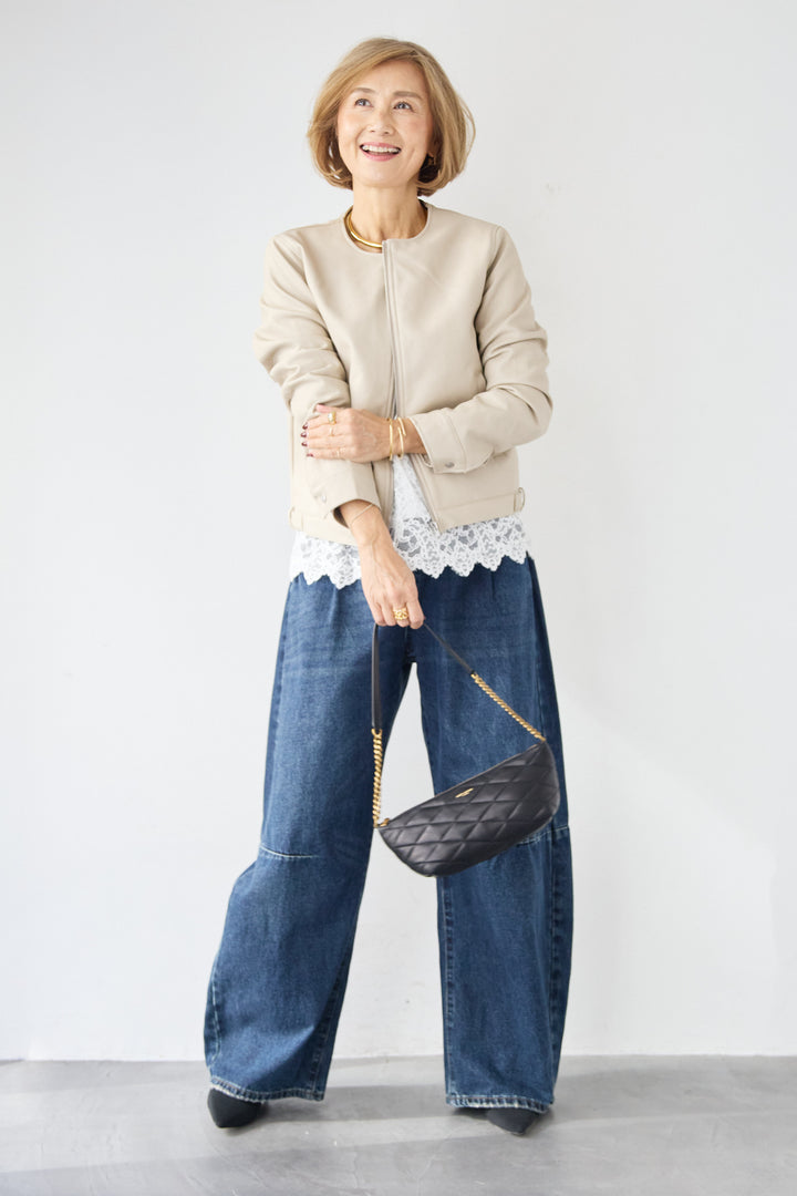 [SET]フェイクレザーノーカラージャケット+スカラップヘム レースシアーブラウス(2set)