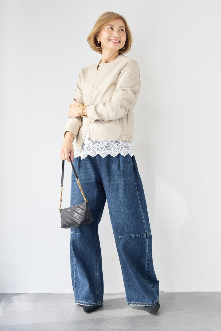 [SET]フェイクレザーノーカラージャケット+スカラップヘム レースシアーブラウス(2set)