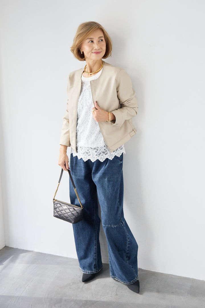 [SET]フェイクレザーノーカラージャケット+スカラップヘム レースシアーブラウス(2set)