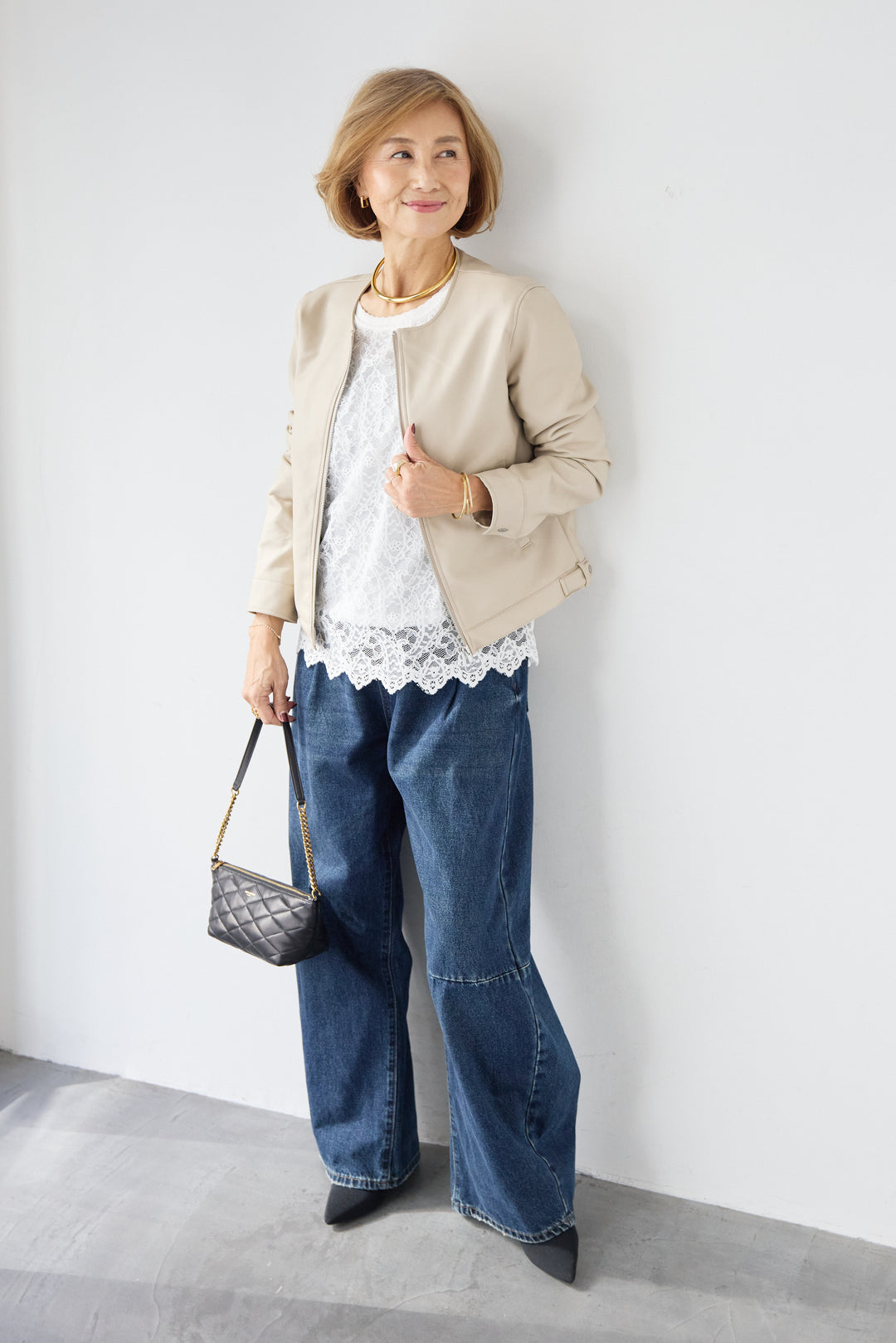 [SET]フェイクレザーノーカラージャケット+スカラップヘム レースシアーブラウス(2set)