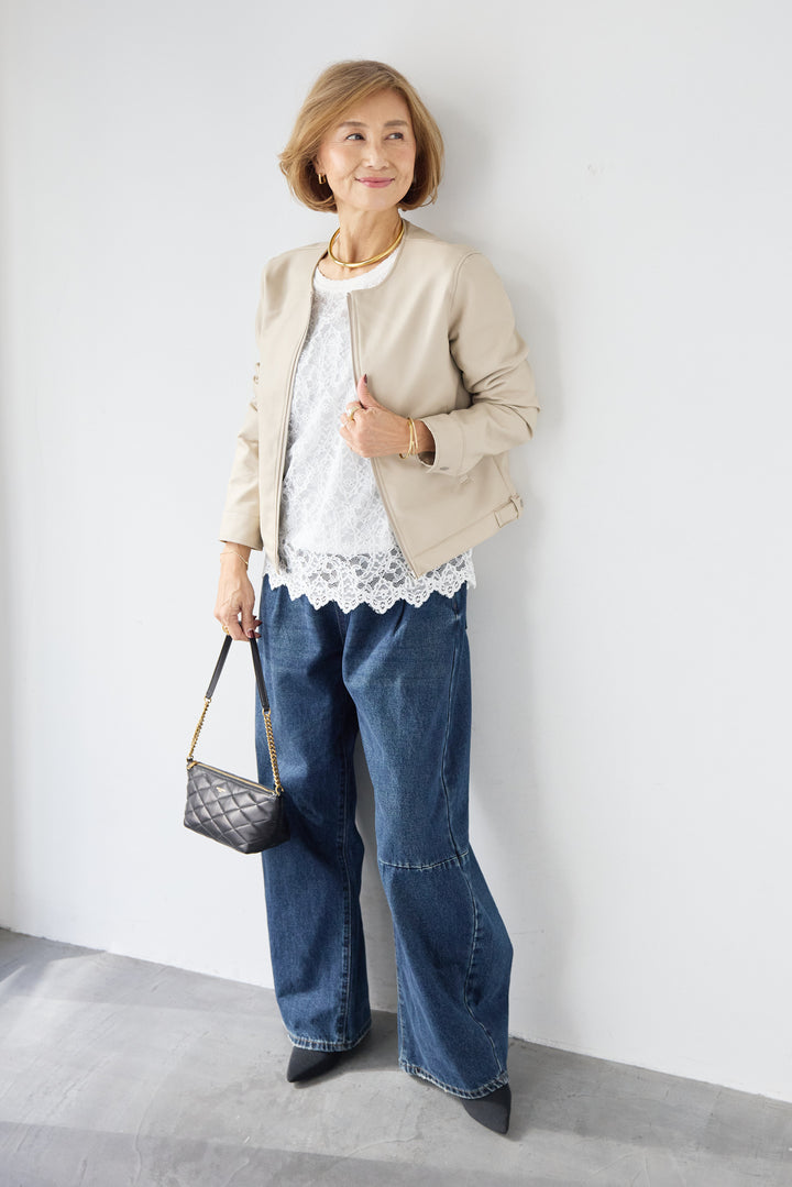 [SET]フェイクレザーノーカラージャケット+スカラップヘム レースシアーブラウス(2set)