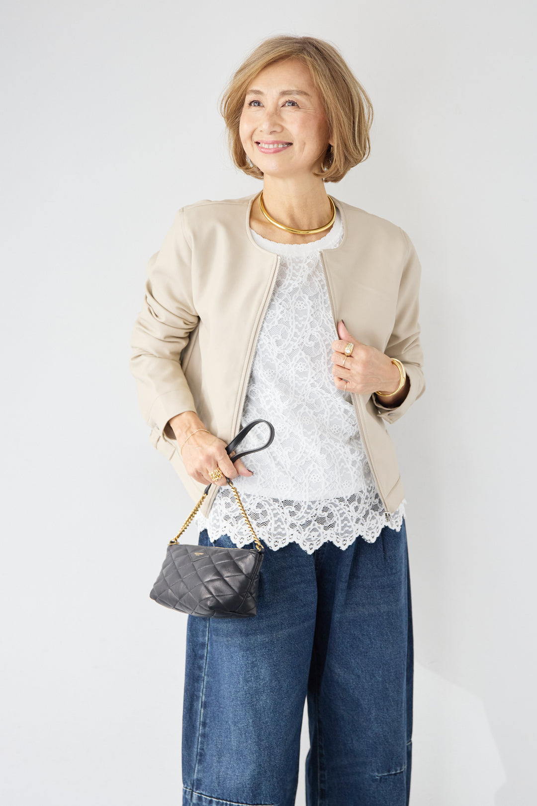 [SET]フェイクレザーノーカラージャケット+スカラップヘム レースシアーブラウス(2set)