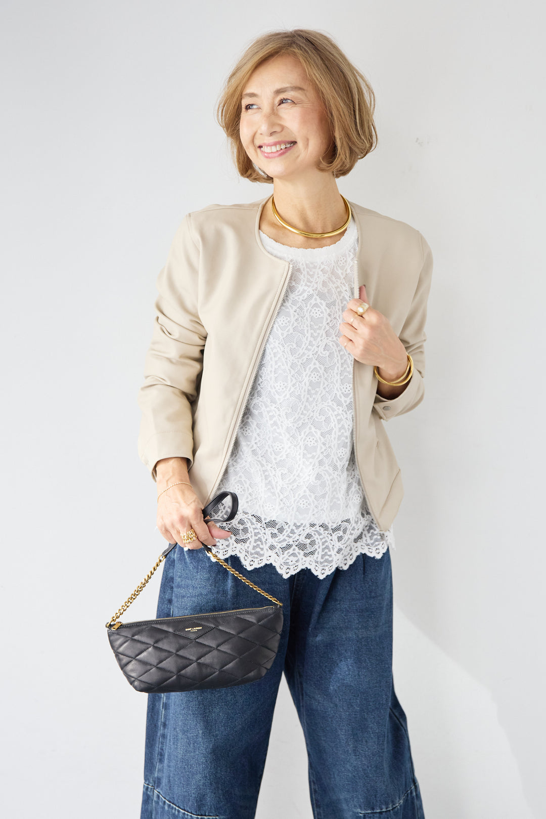 [SET]フェイクレザーノーカラージャケット+スカラップヘム レースシアーブラウス(2set)