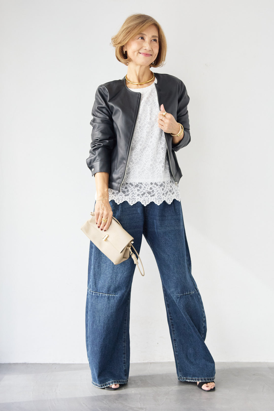 [SET]フェイクレザーノーカラージャケット+スカラップヘム レースシアーブラウス(2set)