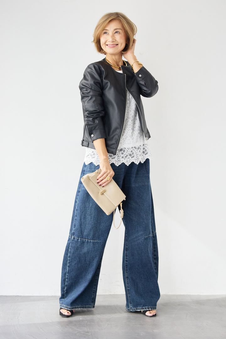 [SET]フェイクレザーノーカラージャケット+スカラップヘム レースシアーブラウス(2set)