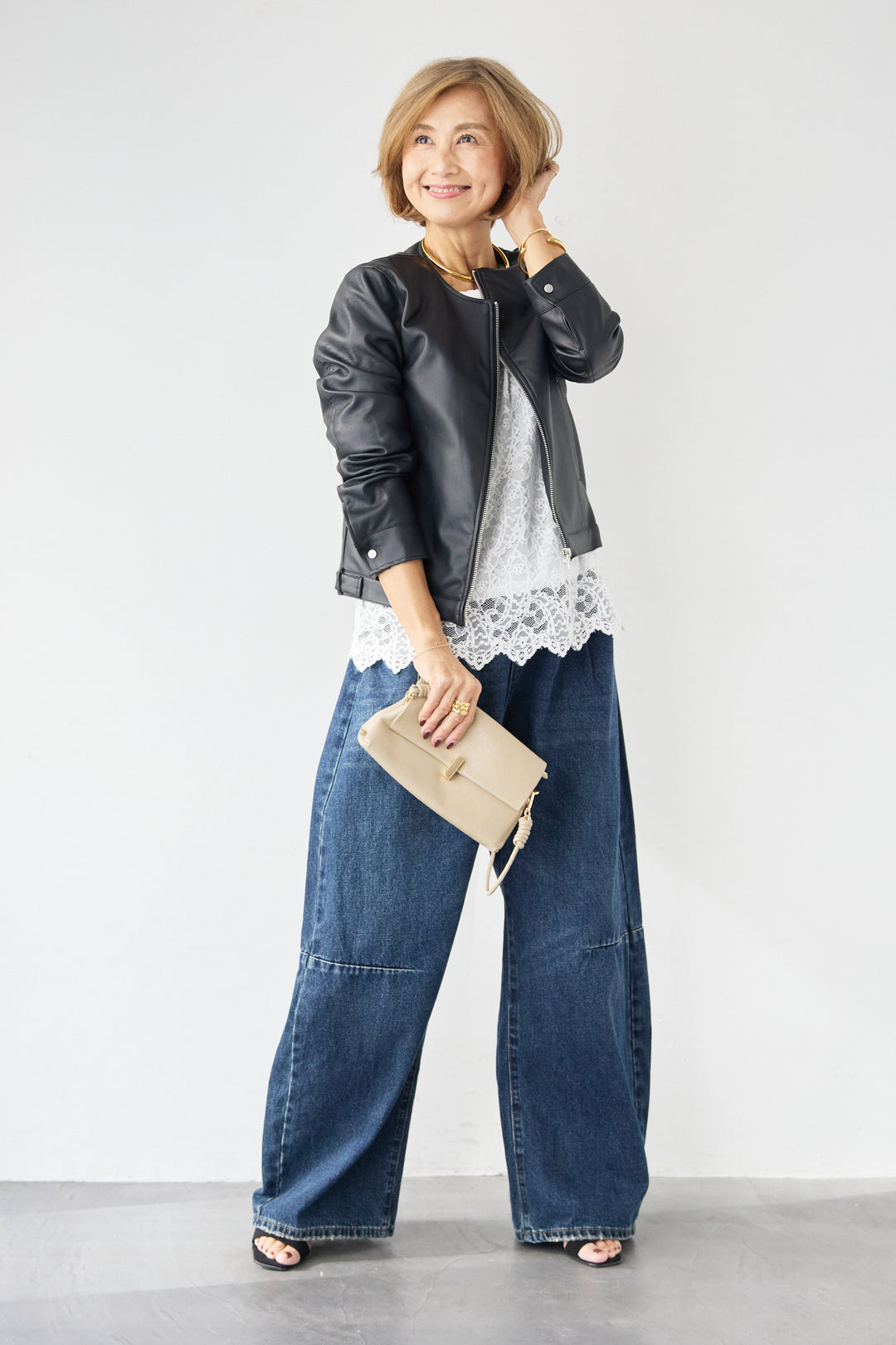 [SET]フェイクレザーノーカラージャケット+スカラップヘム レースシアーブラウス(2set)