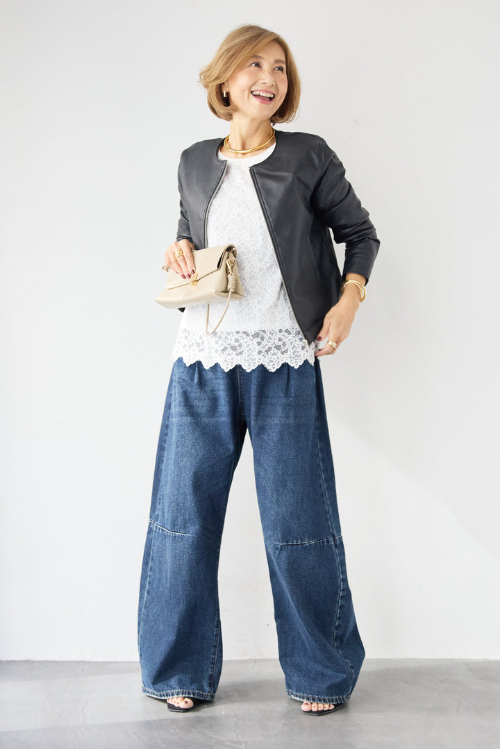 [SET]フェイクレザーノーカラージャケット+スカラップヘム レースシアーブラウス(2set)