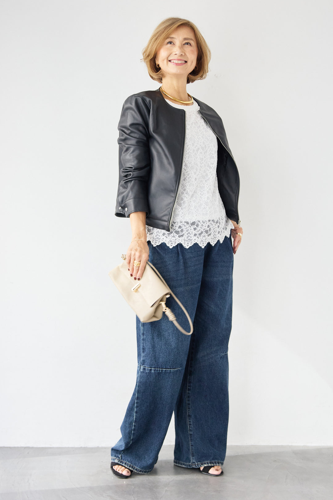 [SET]フェイクレザーノーカラージャケット+スカラップヘム レースシアーブラウス(2set)