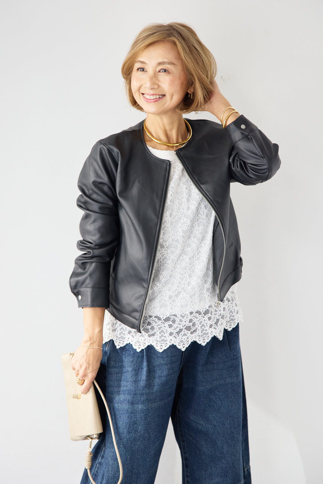 [SET]フェイクレザーノーカラージャケット+スカラップヘム レースシアーブラウス(2set)