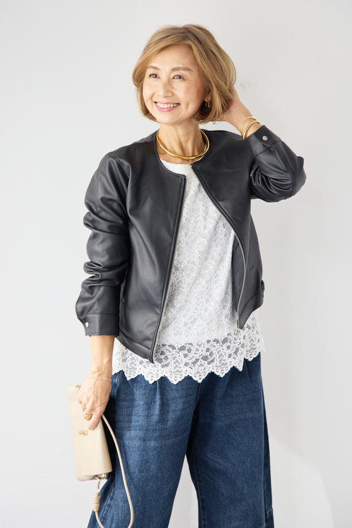 [SET]フェイクレザーノーカラージャケット+スカラップヘム レースシアーブラウス(2set)