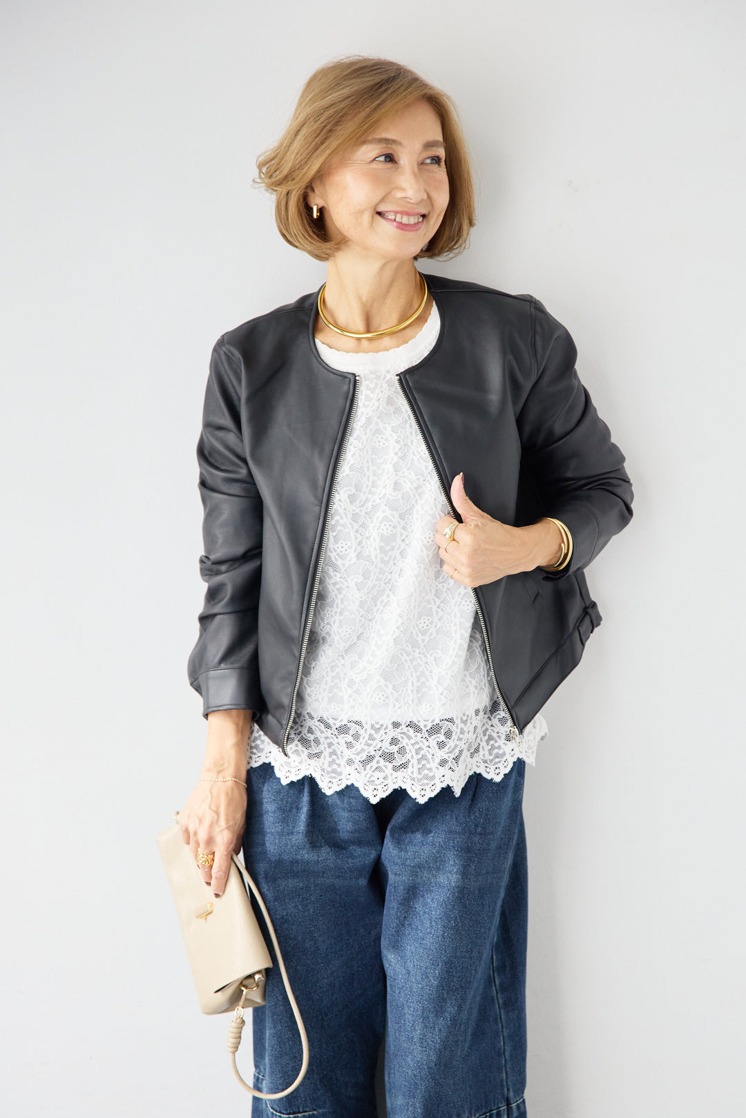 [SET]フェイクレザーノーカラージャケット+スカラップヘム レースシアーブラウス(2set)