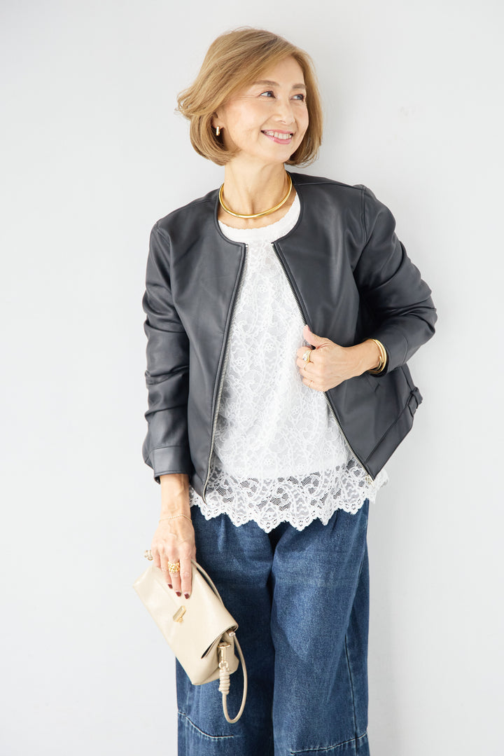 [SET]フェイクレザーノーカラージャケット+スカラップヘム レースシアーブラウス(2set)