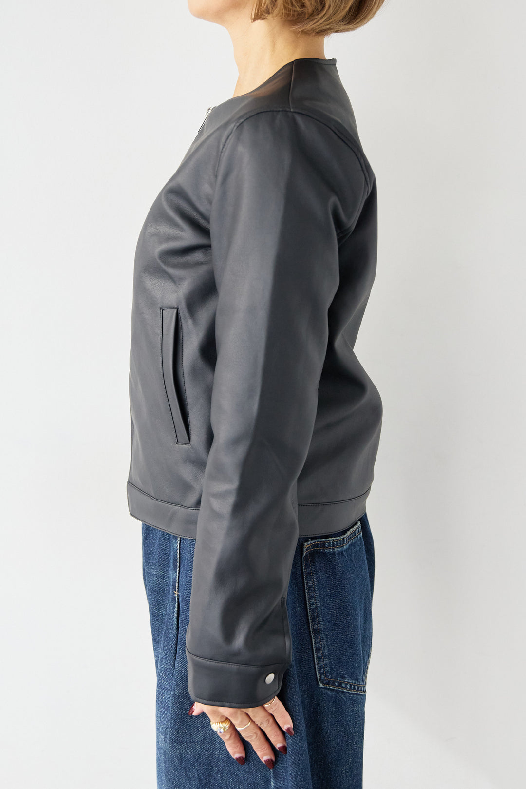 [SET]フェイクレザーノーカラージャケット+スカラップヘム レースシアーブラウス(2set)