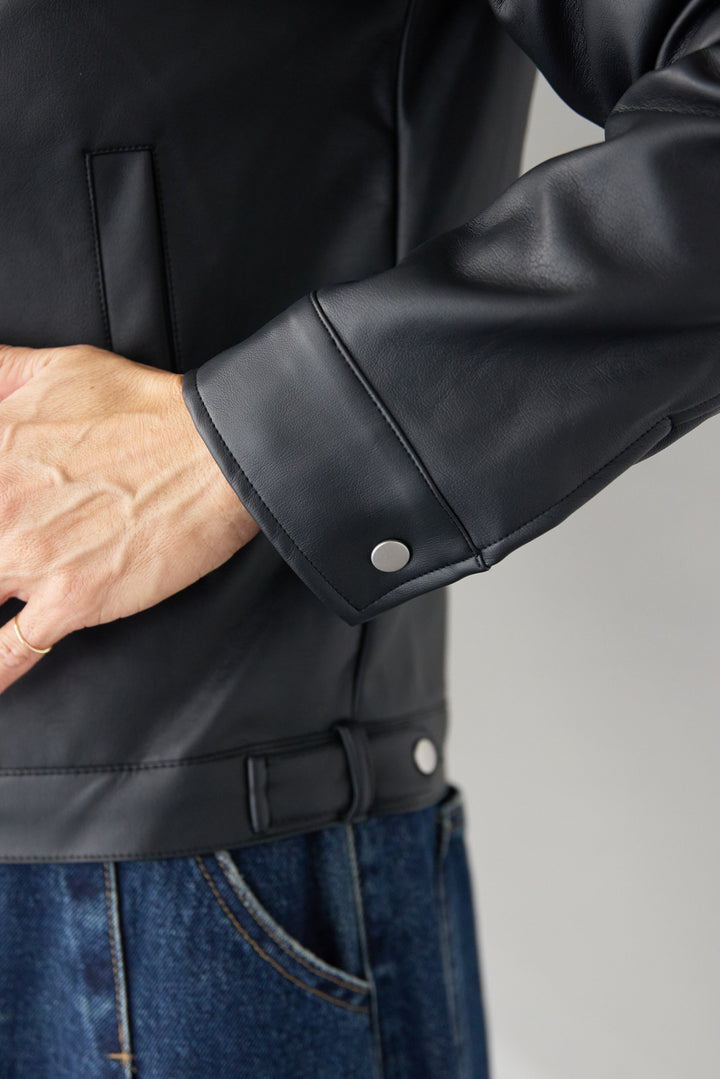 [SET]フェイクレザーノーカラージャケット+スカラップヘム レースシアーブラウス(2set)