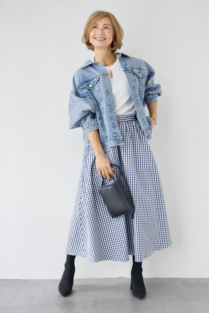 [SET]ビンテージライクGジャン+ギンガムチェックギャザースカート(2set)