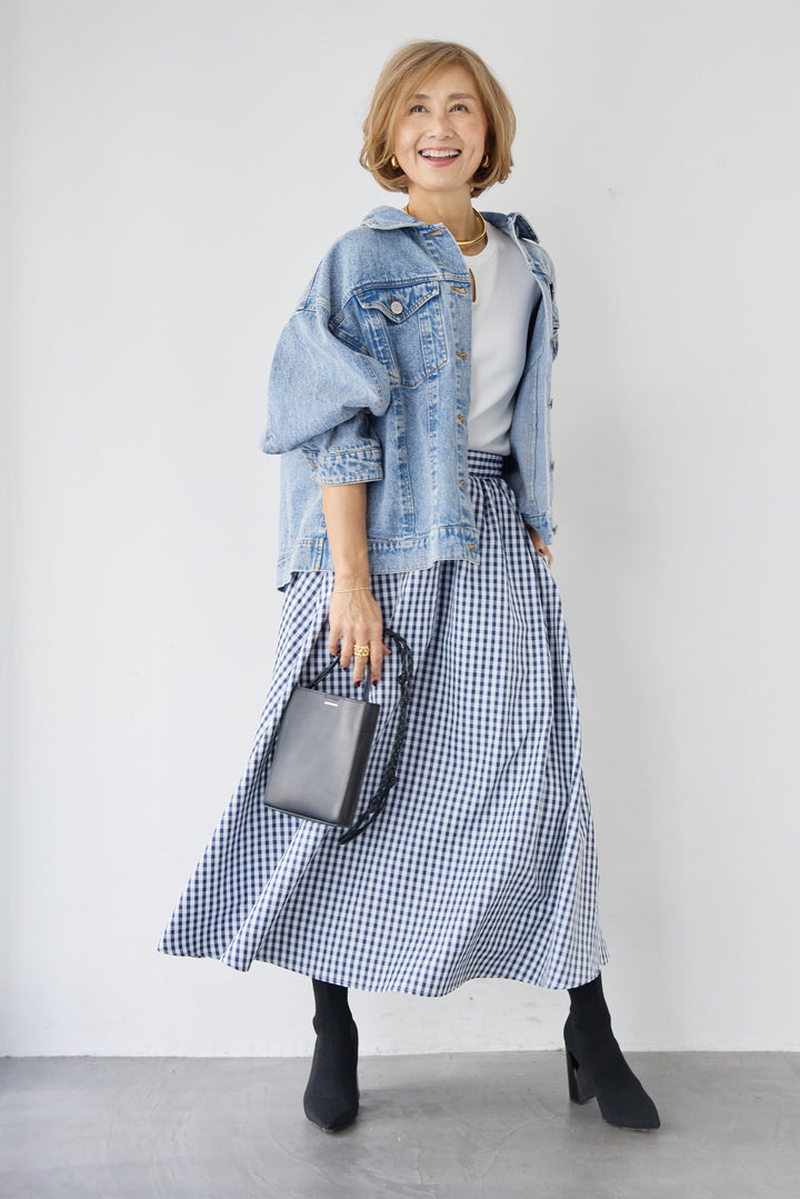 [SET]ビンテージライクGジャン+ギンガムチェックギャザースカート(2set)