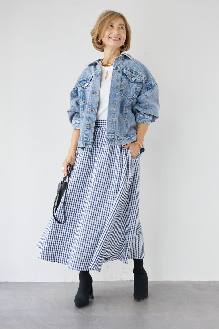 [SET]ビンテージライクGジャン+ギンガムチェックギャザースカート(2set)