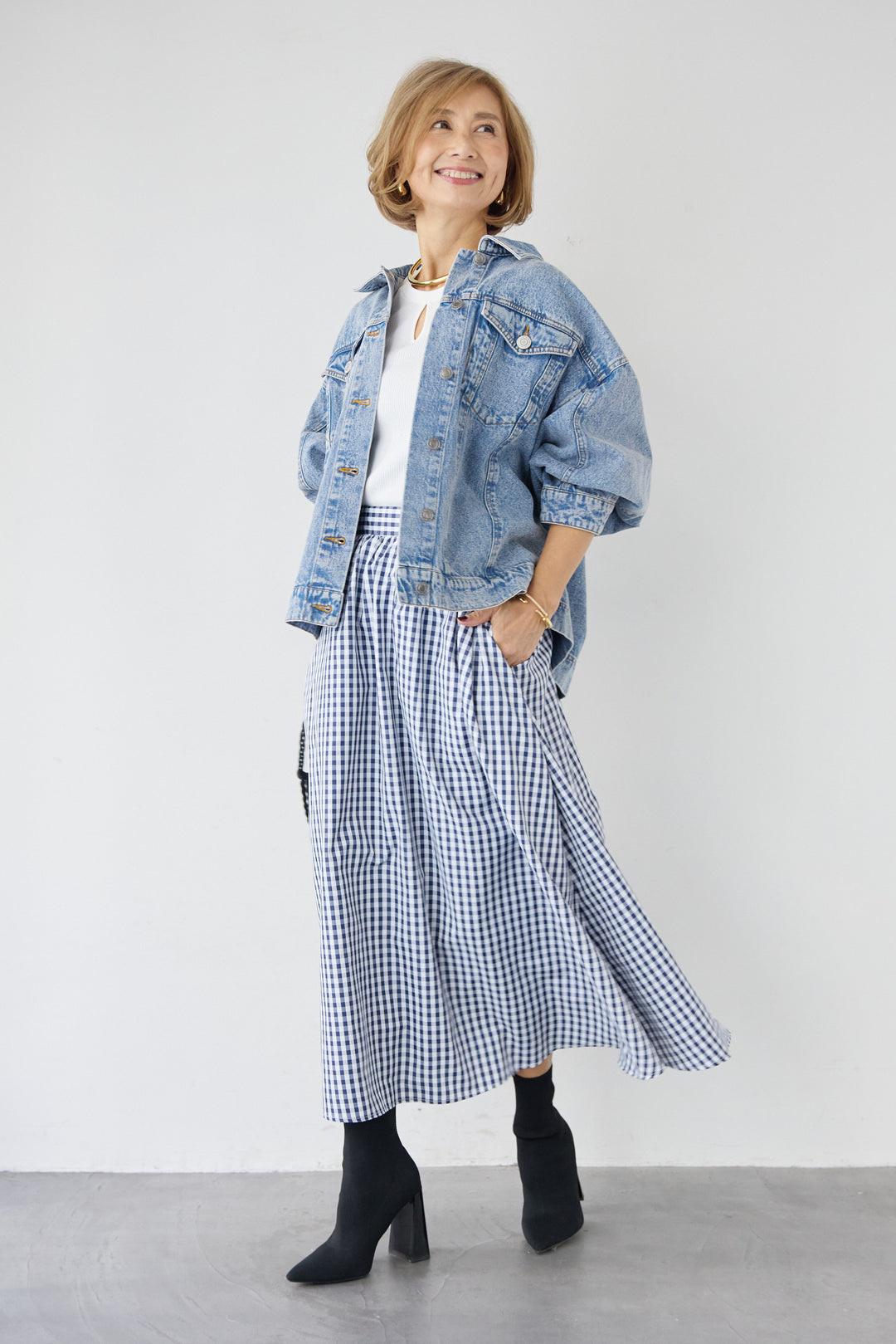 [SET]ビンテージライクGジャン+ギンガムチェックギャザースカート(2set)